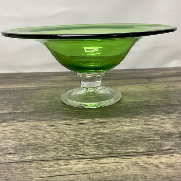 Vintage Mid-Century Italian Empoli Green Glass Tazza Compote Clear Foot Bowl 11" - Picture 1 of 9